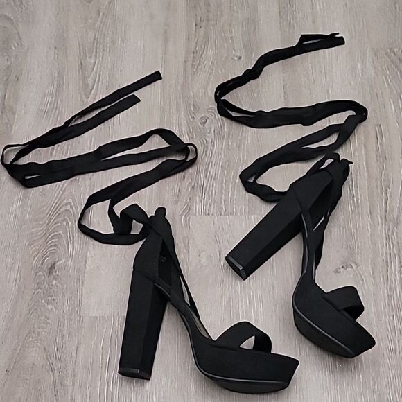 Dream Pairs Black Suede Tie Up Chunky High Heels Women's Size 9 1/2 - Picture 2 of 8